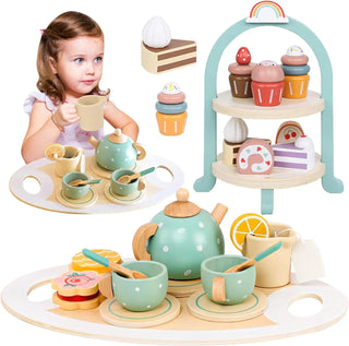 Wooden Tea Set Toys Pretend Play Food Kitchen Accessories Kids Tea Time Party Food Toy for 3 4 5 6 Year Girls Boys Children Gift