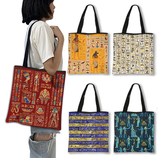 Retro Egyptian Hieroglyphs / Symbols Pattern Tote Bag Classical Africa Style Shoulder Bags Women Large Capacity Shopping Bag