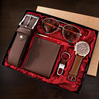 SHAARMS Men's Gift Watch Business Luxury Company Men's Set 6 in 1 Watch Glasses Pen Keychain Belt Purse Welcome Holiday Birthday