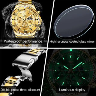 OLEVS Luxury Golden Watch for Men Fashion Waterproof Male Wristwatch Original Top Brand Moon Phase Quartz Men's Watches High-end