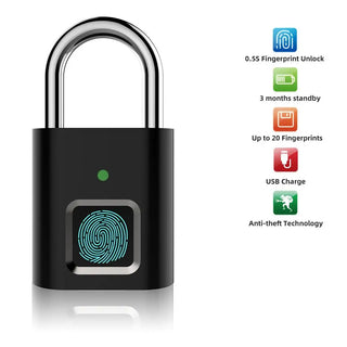 Fingerprint Padlock Biometric Metal Keyless Thumbprint Lock USB Rechargeable For Luggage Bookcase Suitcase Backpack Bike