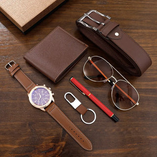 SHAARMS Men's Gift Watch Business Luxury Company Men's Set 6 in 1 Watch Glasses Pen Keychain Belt Purse Welcome Holiday Birthday