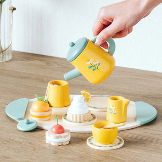 Wooden Tea Set Toys Pretend Play Food Kitchen Accessories Kids Tea Time Party Food Toy for 3 4 5 6 Year Girls Boys Children Gift