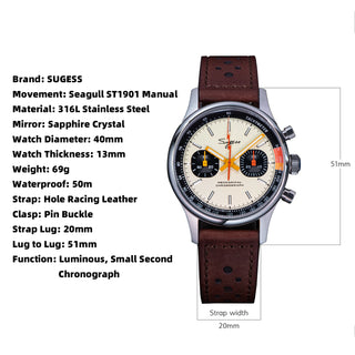 Sugess Watch of Men & Women Chronograph Mechanical Wristwatches with Seagull ST19 Swanneck Movement Pilot Sapphire Crystal Racing V2 New